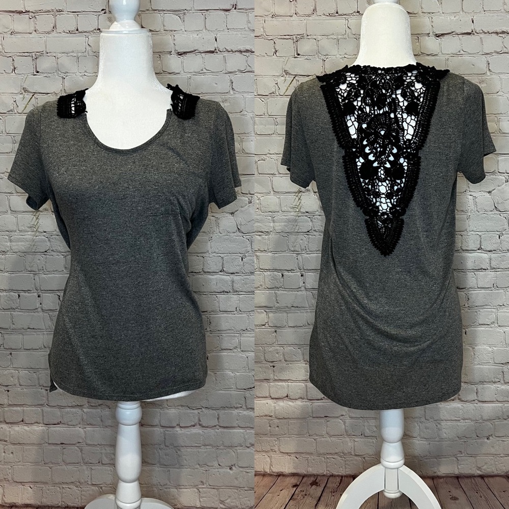Gray Pocket Top With Black Lace Back